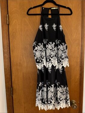 Gianni Bini Black Halter Mini Dress with White Lace Embroidery